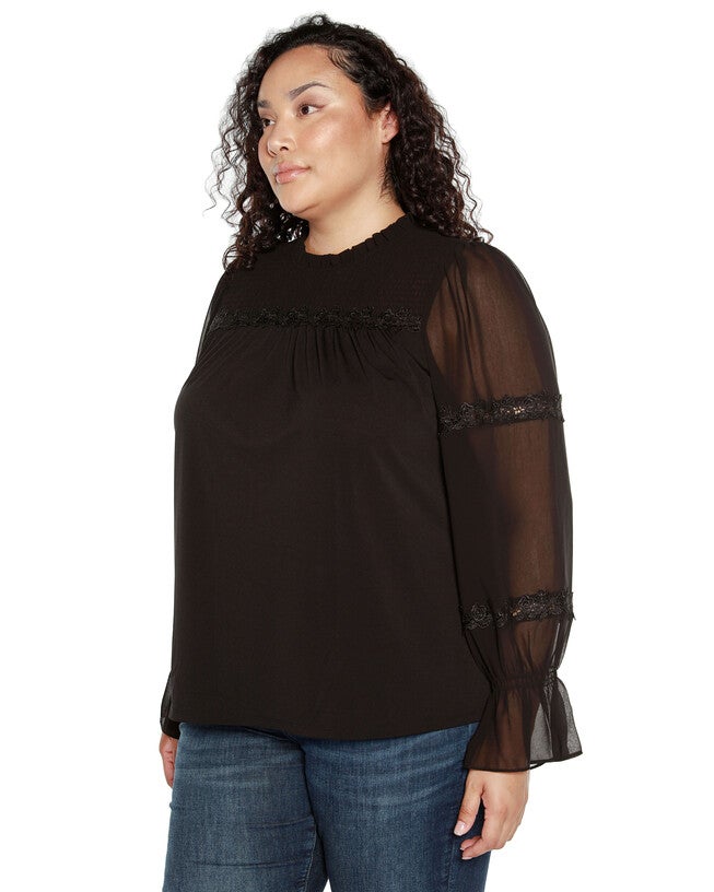 MIXED MEDIA BLOUSON-SLEEVE TOP, Black / Black, alternate image number 2