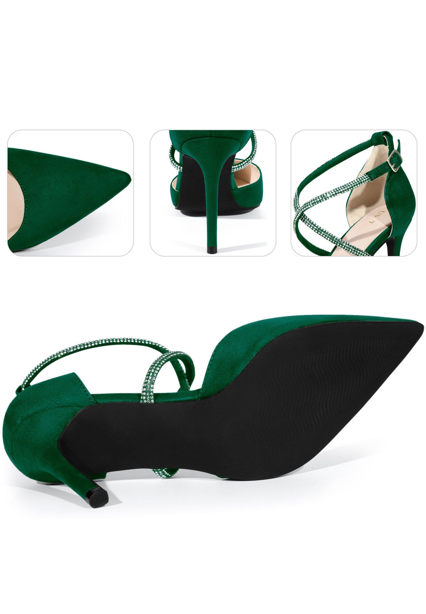 Pointed Toe Crisscross Rhinestone Stiletto Heel Pumps, Green / Hunter Green, alternate image number 2