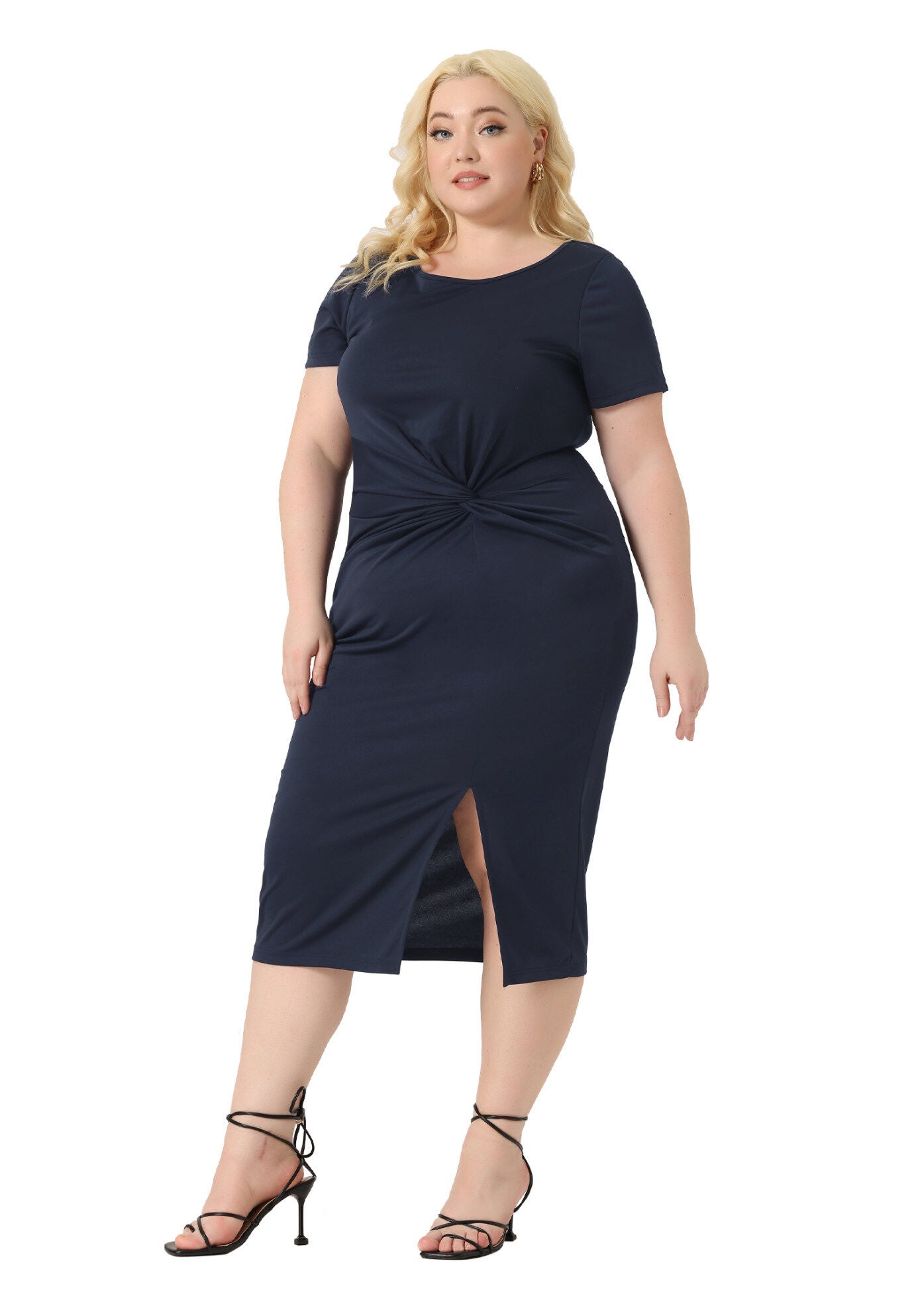 Round Neck Knot Front Short Sleeve Side Split Dress, Navy Blue / Navy, hi-res image number 0