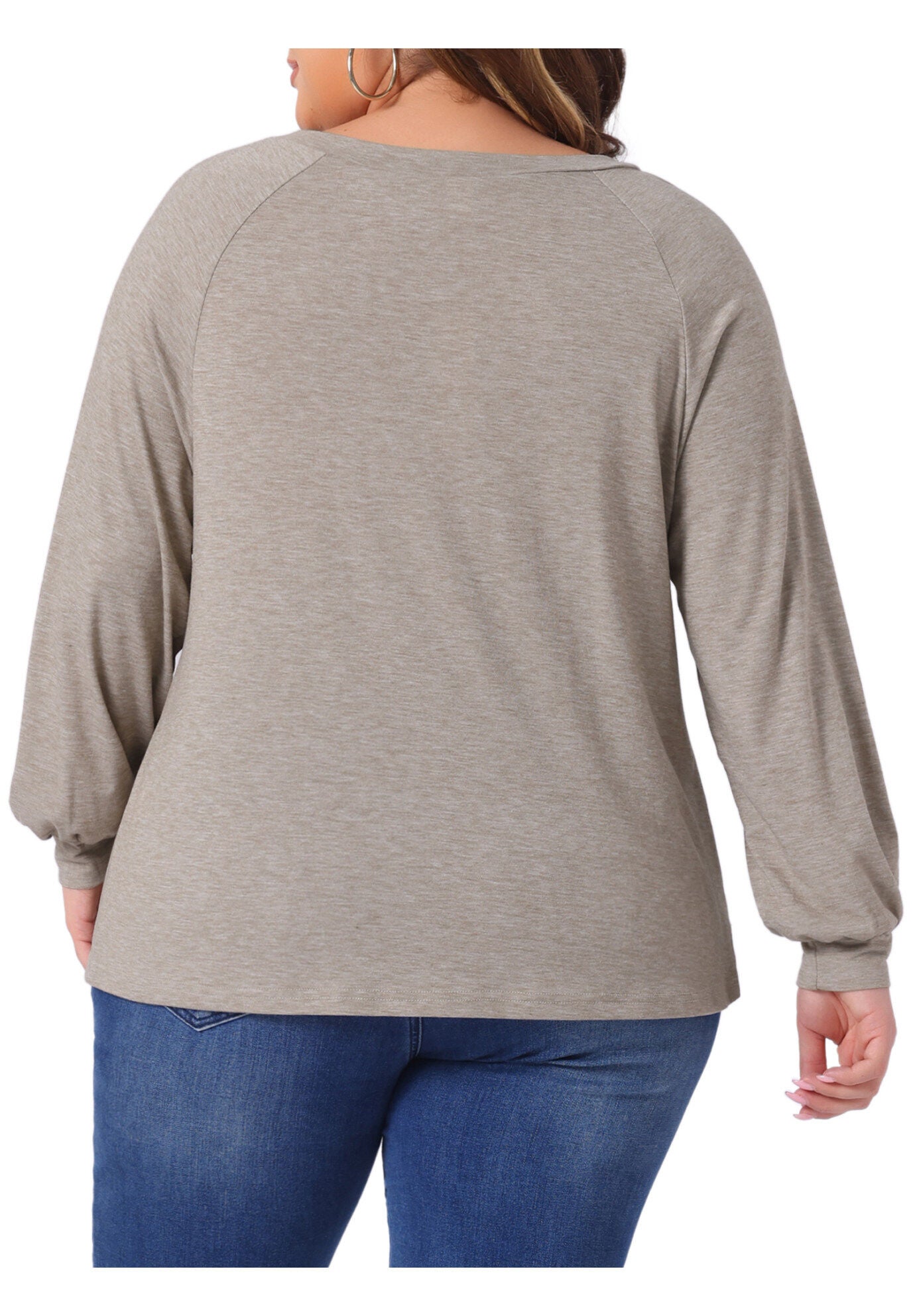 Crew Neck Pleated Long Sleeve Tunic Blouse, Light Khaki / Warm Grey, alternate image number 3