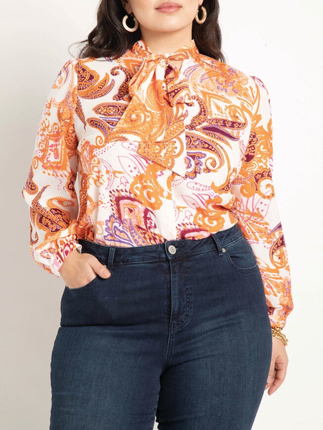 Reina Tie Neck Blouse, Day Tripper / White, hi-res image number 0