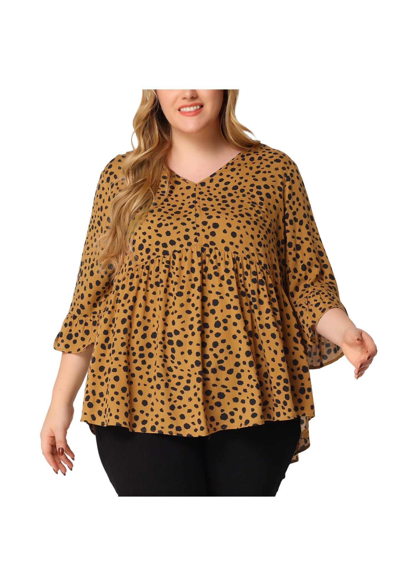 Polka Dots Blouse 3/4 Ruffle Sleeve Peplum Top, Brown / Brown, alternate image number 1