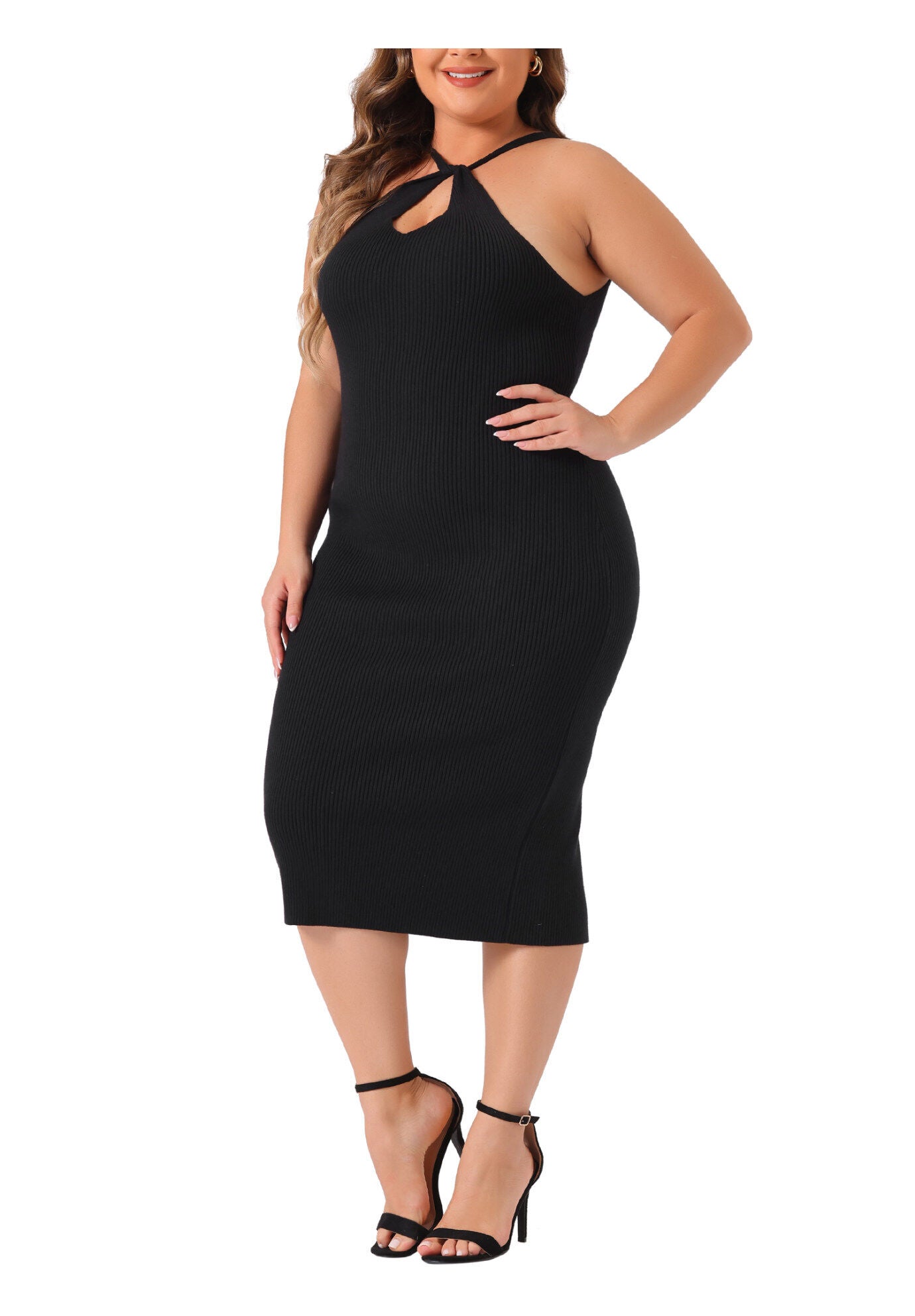 Twist Front Halter Neck Ribbed Sleeveless Bodycon Midi Sweater Dress, Black / Black, alternate image number 1