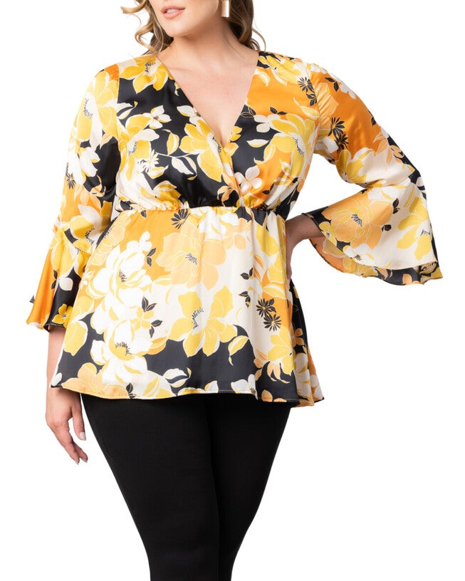 Honey Satin Bell Sleeve Top, SUNSET BLOOMS / Yellow, hi-res image number 0