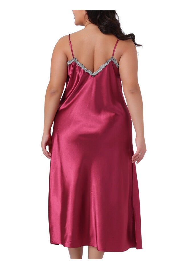 Satin Lingerie Slips Chemise Maxi Nightdress, Wine Red / Burgundy, alternate image number null