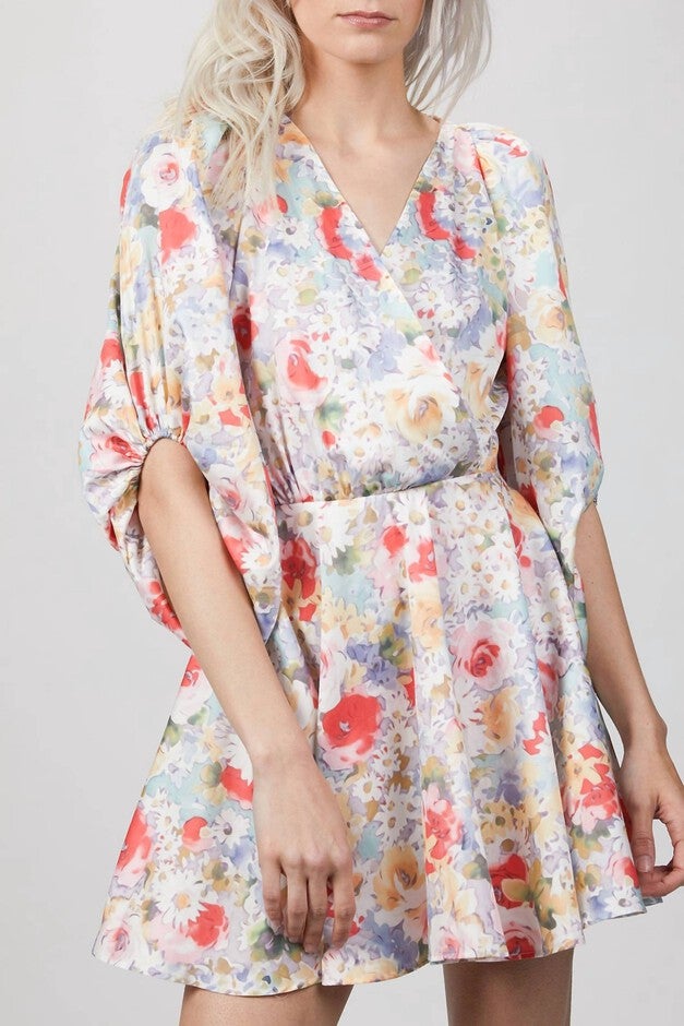 MINI DRESS WITH BOW IN PASTEL FLOWER PRINT, Pastel Flower Print / Pink, hi-res image number 0