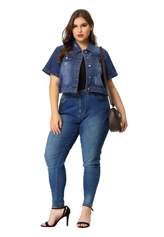 SHORT SLEEVE BUTTON DOWN CROPPED DENIM JACKET, Blue / Royal Blue, hi-res image number 0