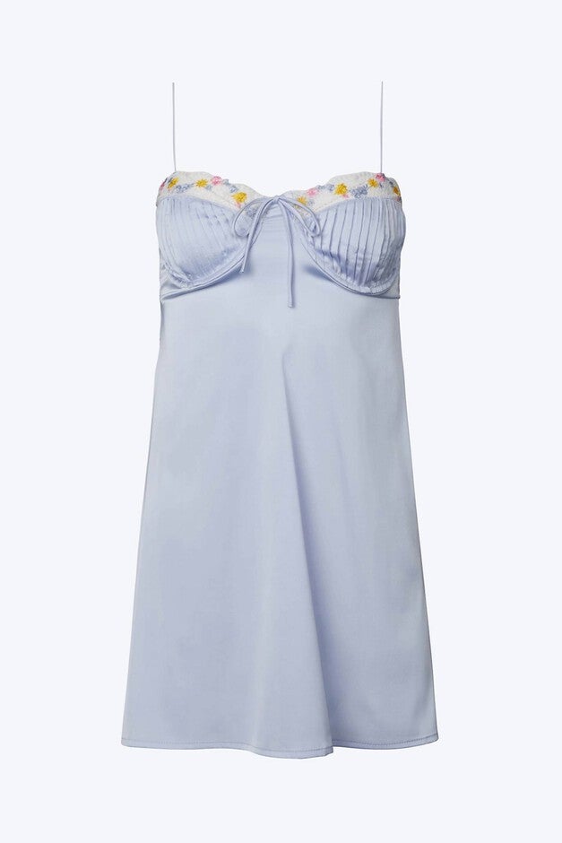 BUSTIER FLORAL-EMBROIDERED OPEN-BACK SATIN MINI DRESS IN LIGHT BLUE, Light Blue / Light Blue, hi-res image number 0