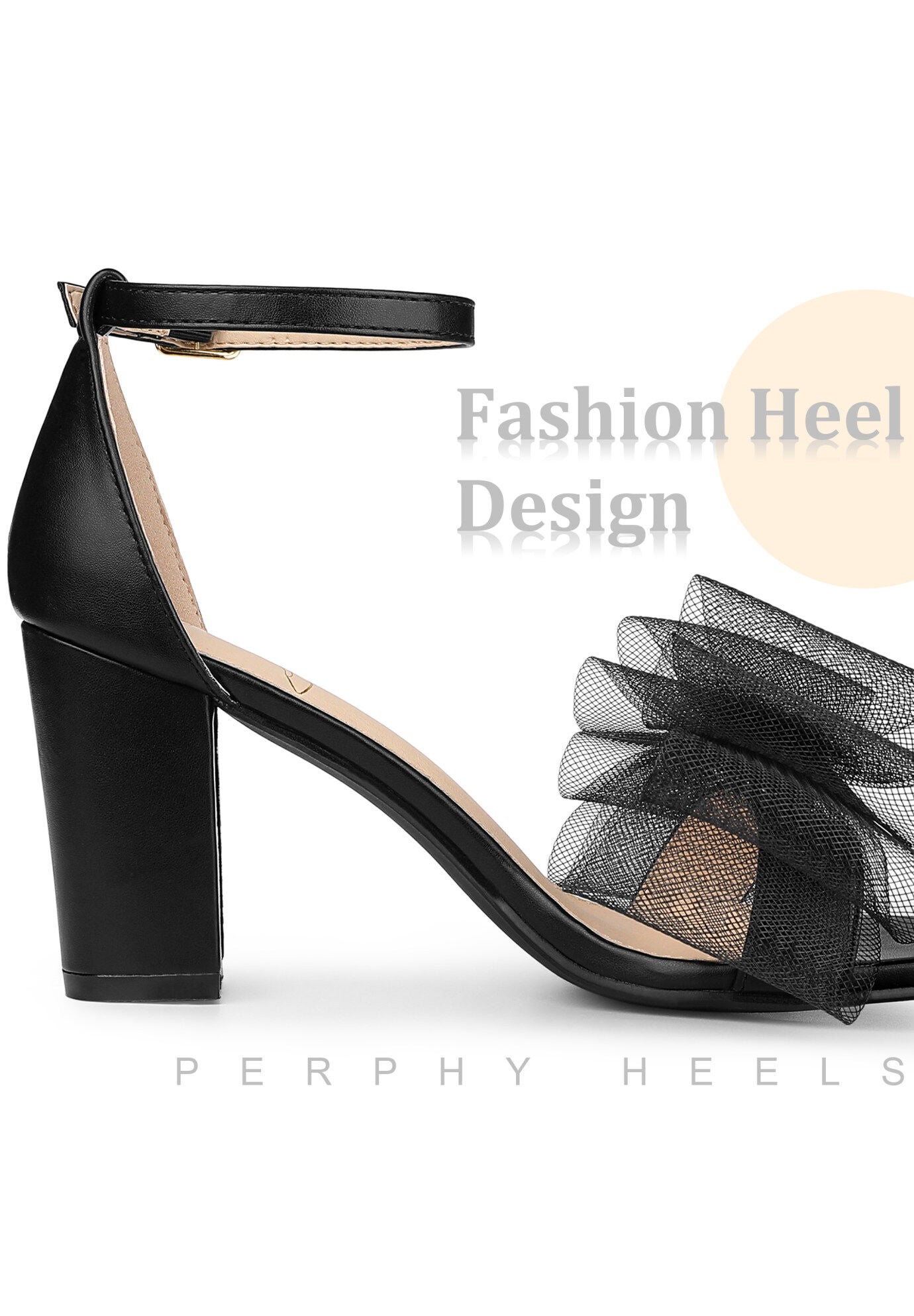 Bow Tie Ankle Strap Chunky High Heels Sandals, Black / Black, alternate image number 3