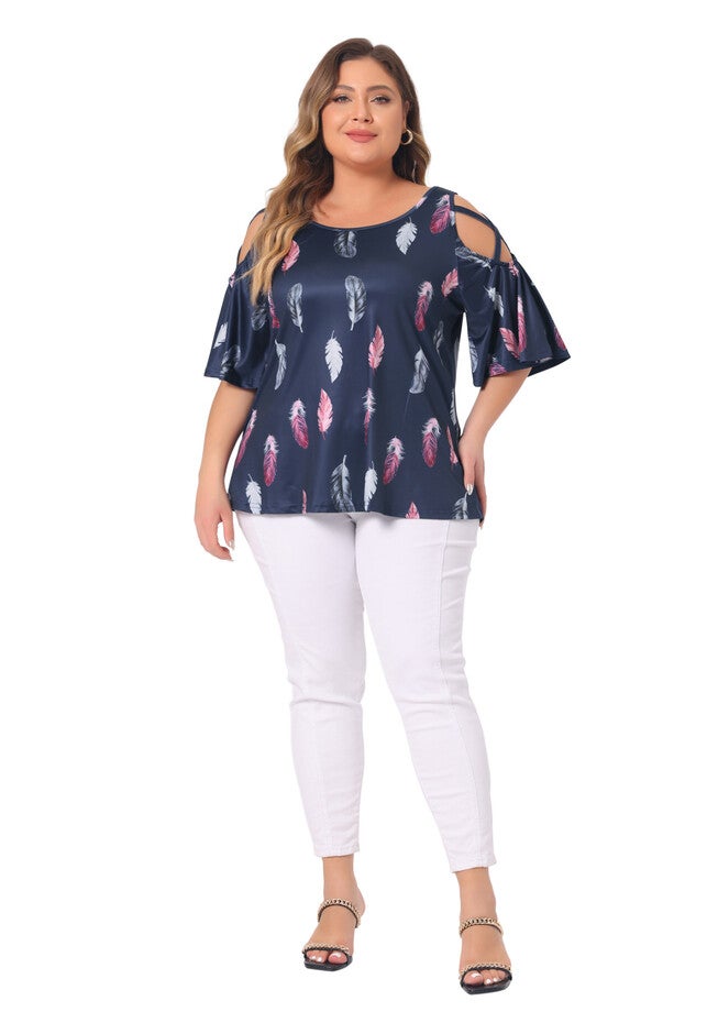 Cold Shoulder Feather Print Round Neck Summer Top, Navy Blue / Navy, hi-res image number 0