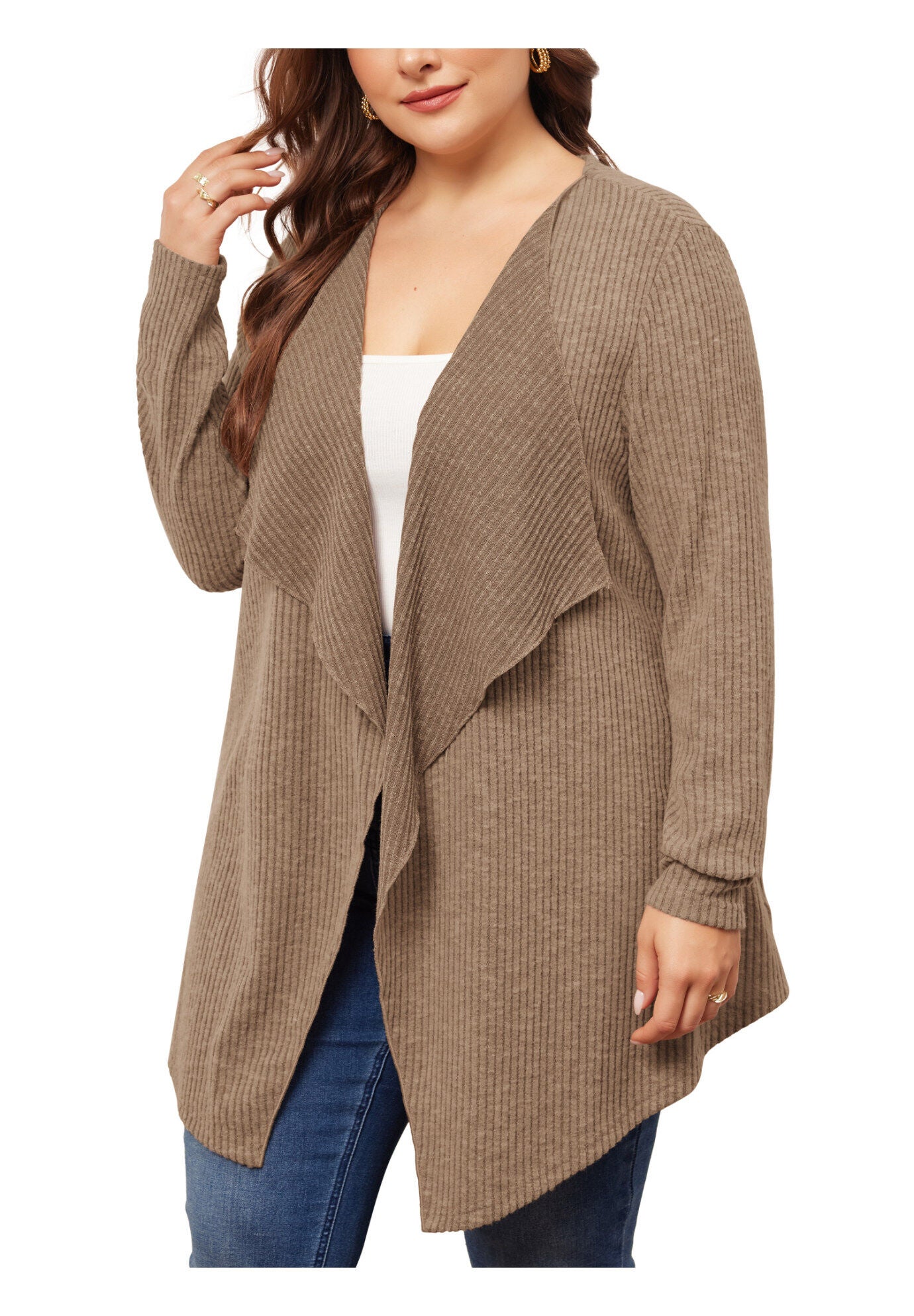 OPEN FRONT IRREGULAR HEM CARDIGAN WITH POCKETS, Dark Khaki / Brown, alternate image number 1