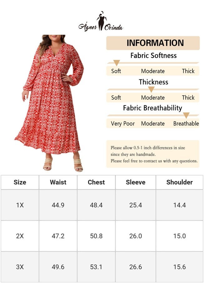 Boho Dresses Floral Print Deep V Neck Waist Wrap Long Sleeve Loose Maxi Dress, Red / Red, alternate image number null