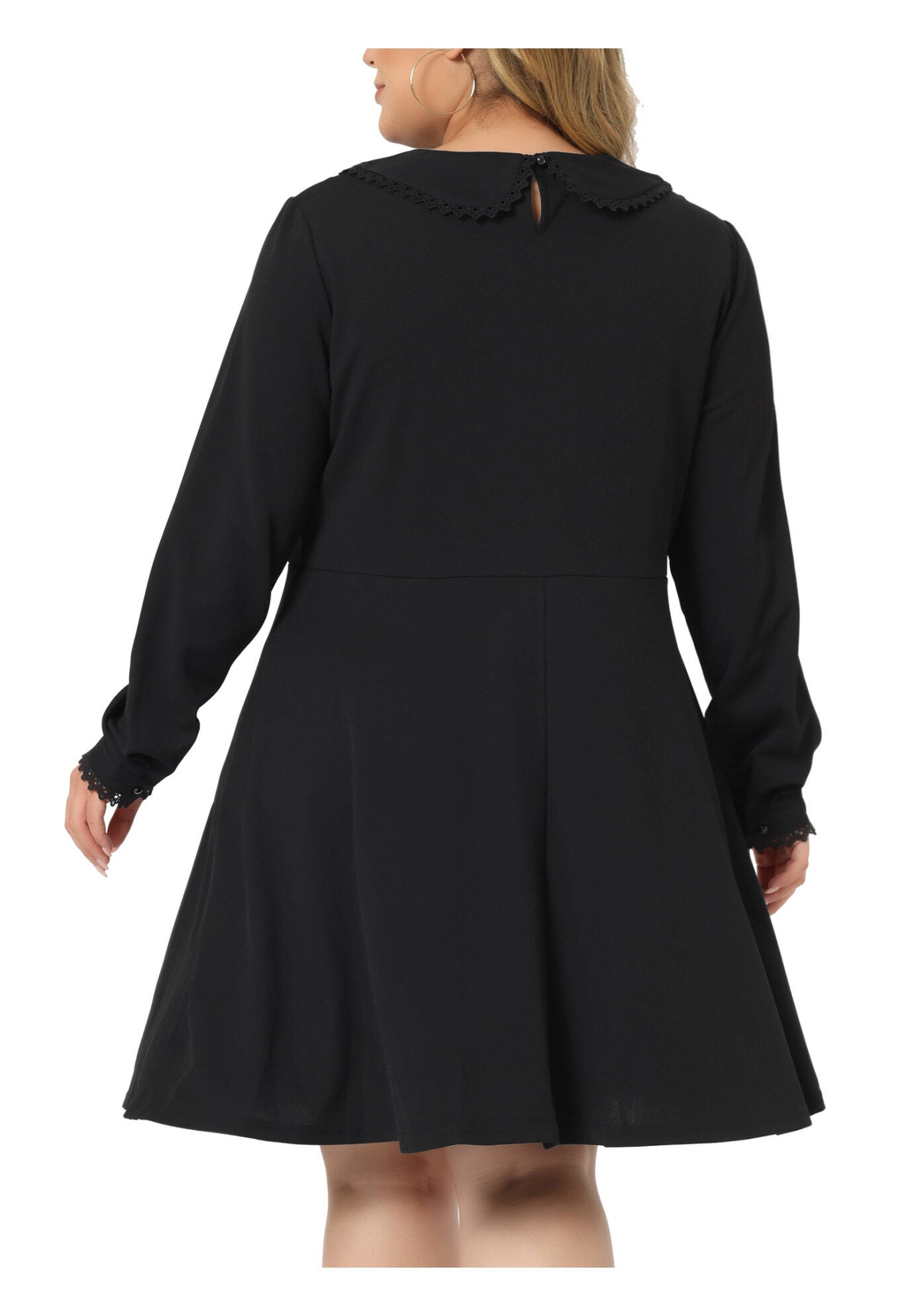 LONG SLEEVE DOLL PETER PAN COLLAR FLARE MIDI DRESS, Dark Black / Black, alternate image number 3