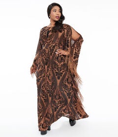 Unique Vintage 1960s Black & Nude Floral Fringe Flutter Sleeve Caftan