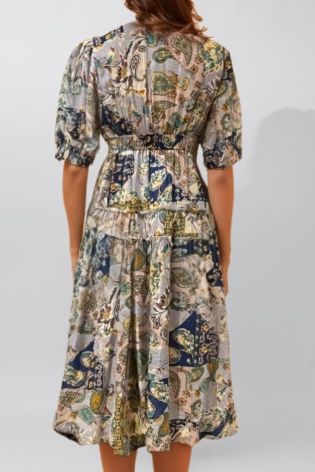 Adeline Bohemian Floral Patchwork Maxi Dress – V-Neck Puff Sleeve Vintage Chic Summer Dress, Blue / Dusty Blue, alternate image number 3