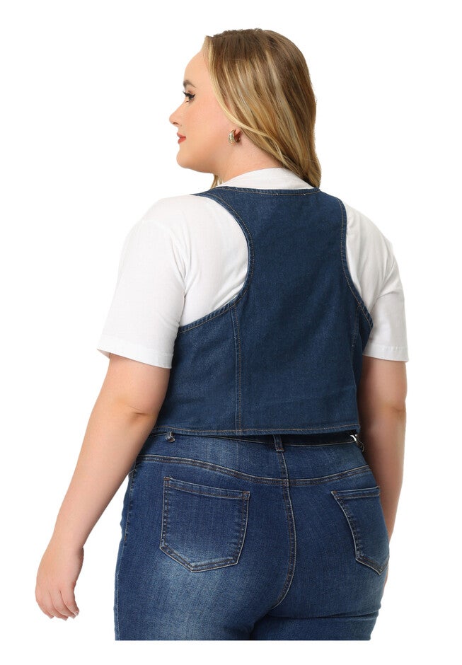 BUTTON DOWN SLEEVELESS JEAN WAISTCOAT VEST, Blue / Navy, alternate image number 3