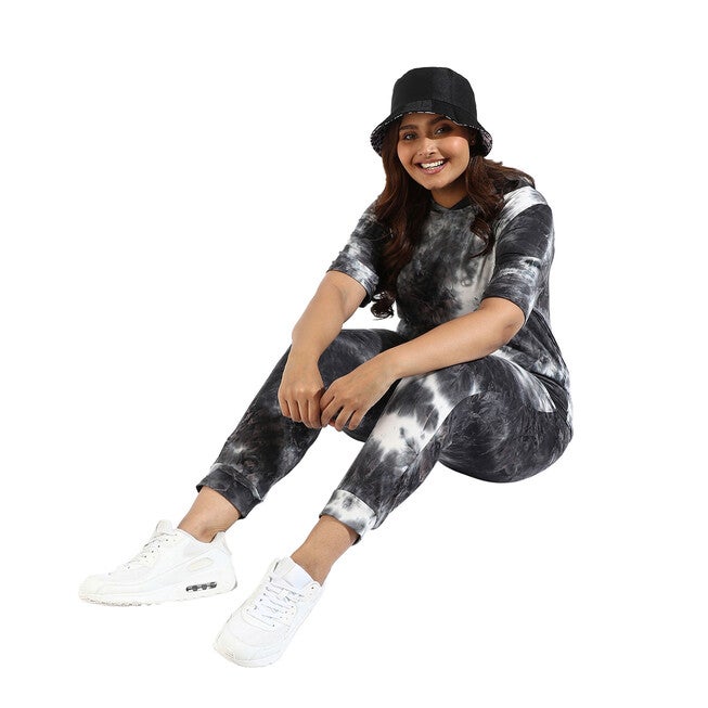 Women Black Tye-Dye Hooded Co-Ords Set, Charcoal Grey / Charcoal Grey, alternate image number null