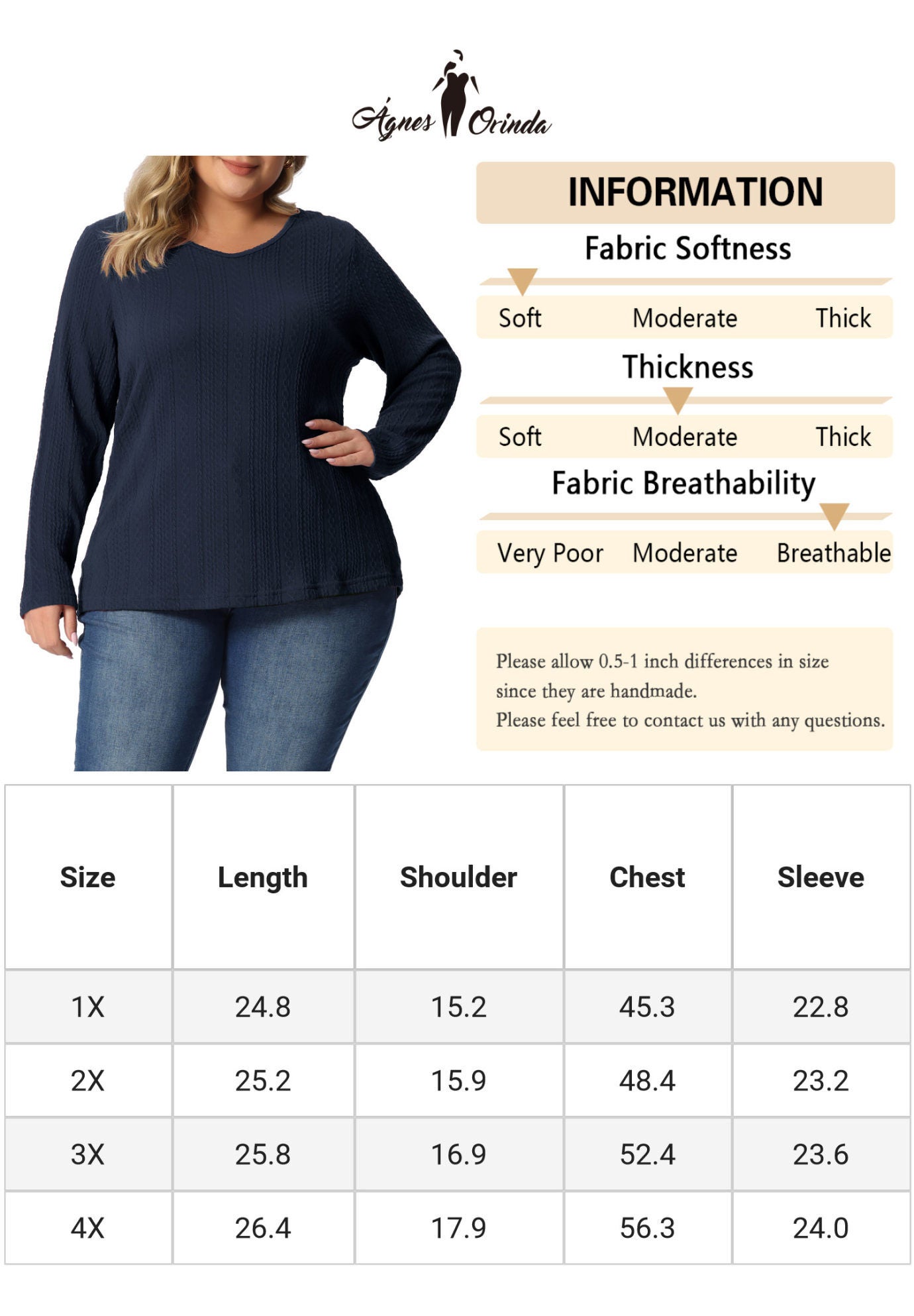 V Neck Long Sleeve Basic Knit Top Tee T-Shirt, Navy Blue / Navy, alternate image number 4