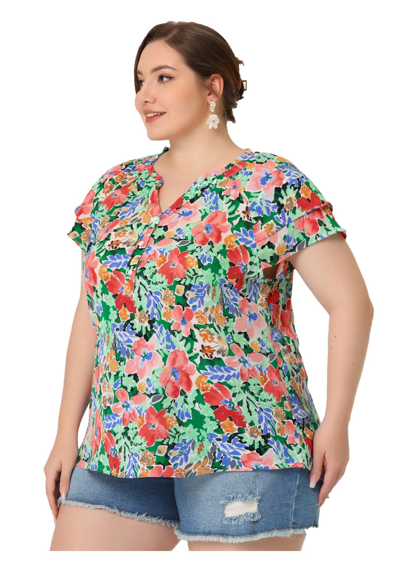 Floral Ruffle Trim V Neck Layered Sleeve Blouse, Green / Light Green, hi-res image number 0