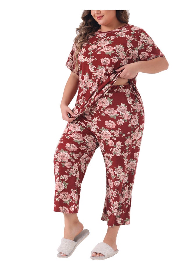 Short Sleeve Sleepwear Soft Lounge Set, Burgundy / Burgundy, alternate image number 1