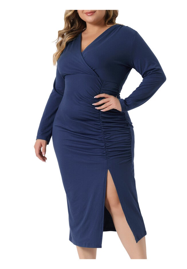 Long Sleeve Deep V Neck Ruched Slit Wedding Cocktail Bodycon Dress, Navy Blue / Navy, alternate image number 2