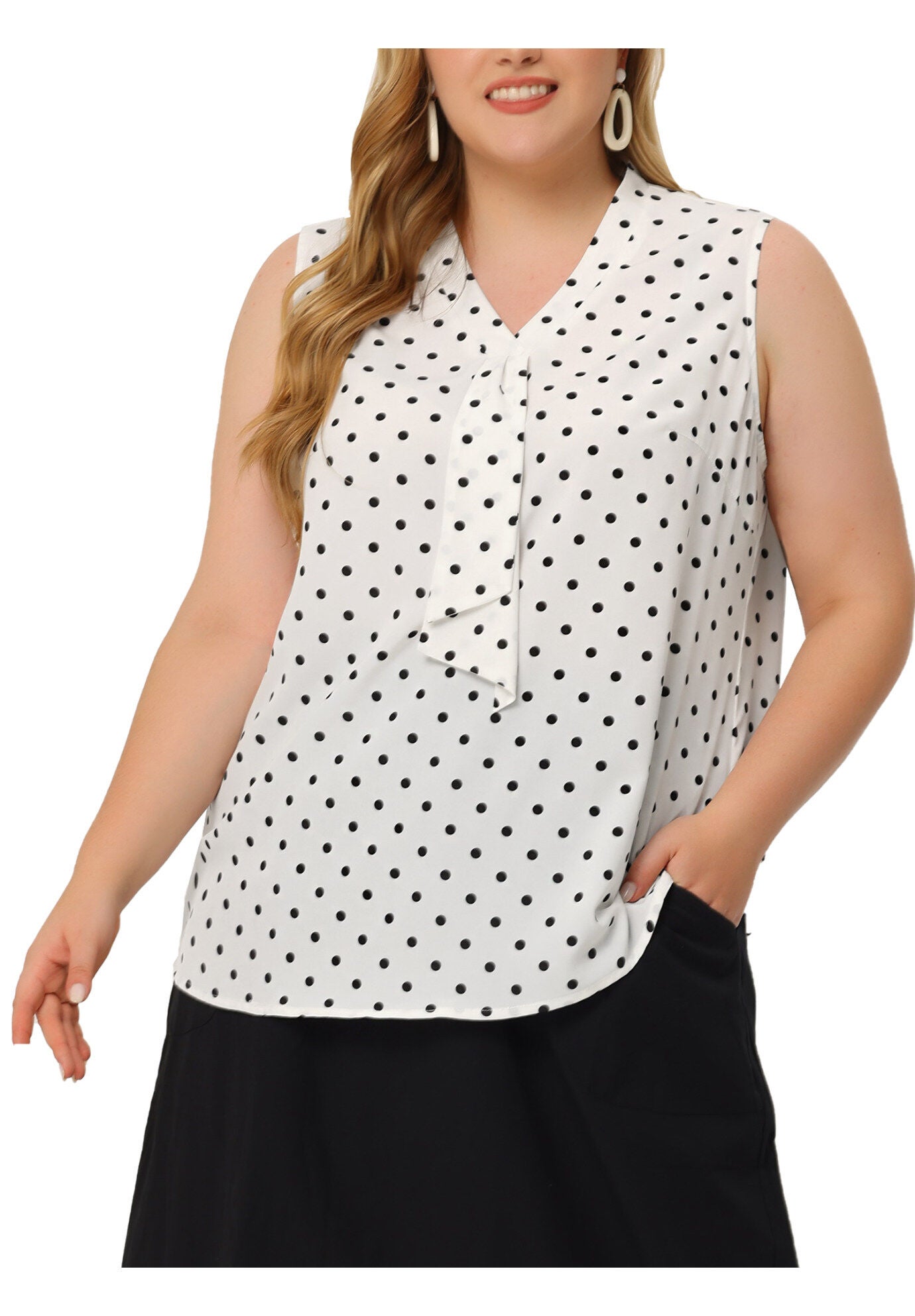 POLKA DOTS V NECK TIE NECK SLEEVELESS BLOUSE TANK TOP, White / White, alternate image number 1