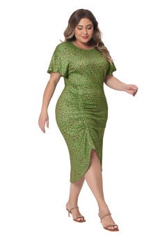 Polka Dots Ruched Round Neck Short Sleeve Wedding Cocktail Bodycon Dress