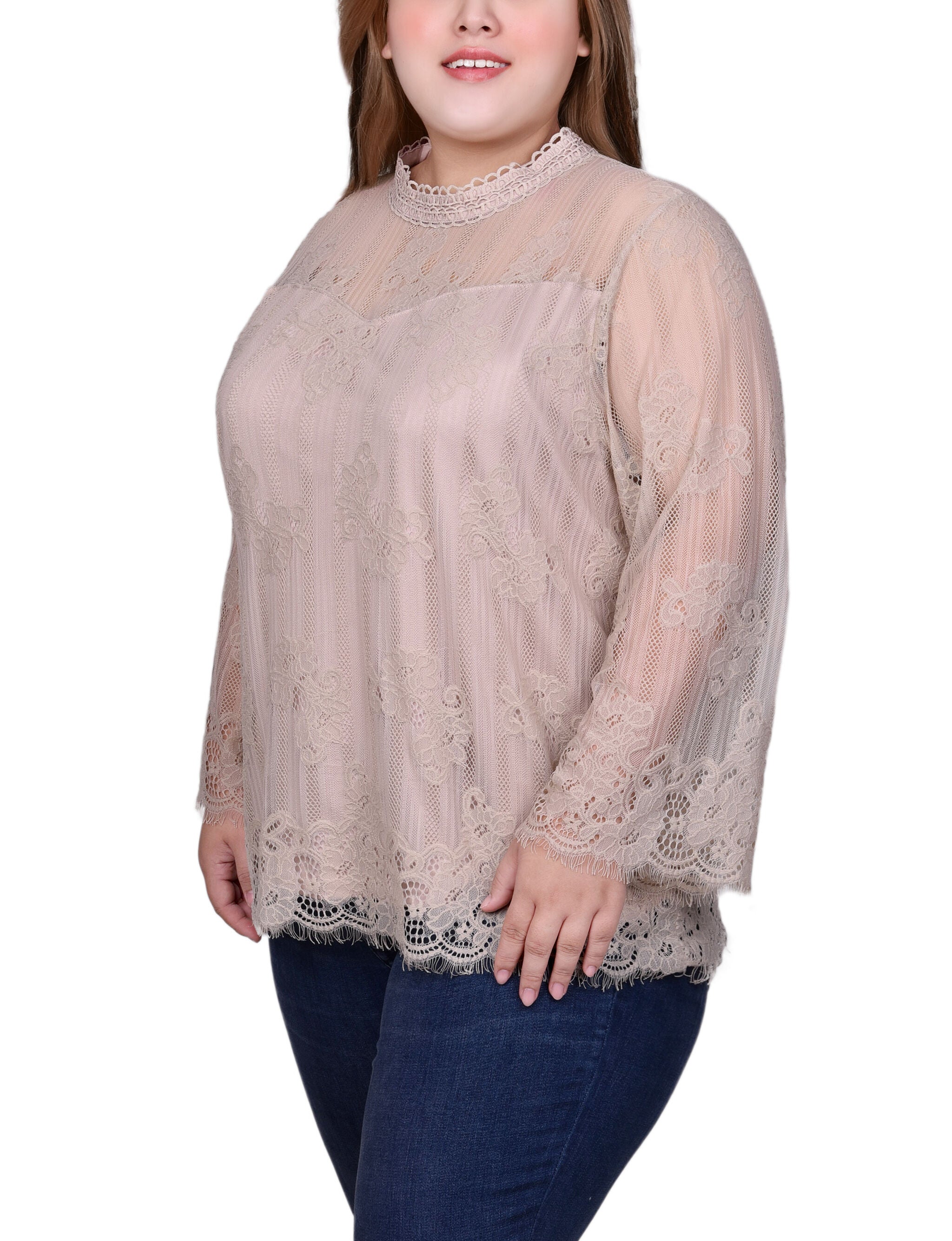 3/4 Sleeve Lace Blouse, Oxford Tan, alternate image number 2