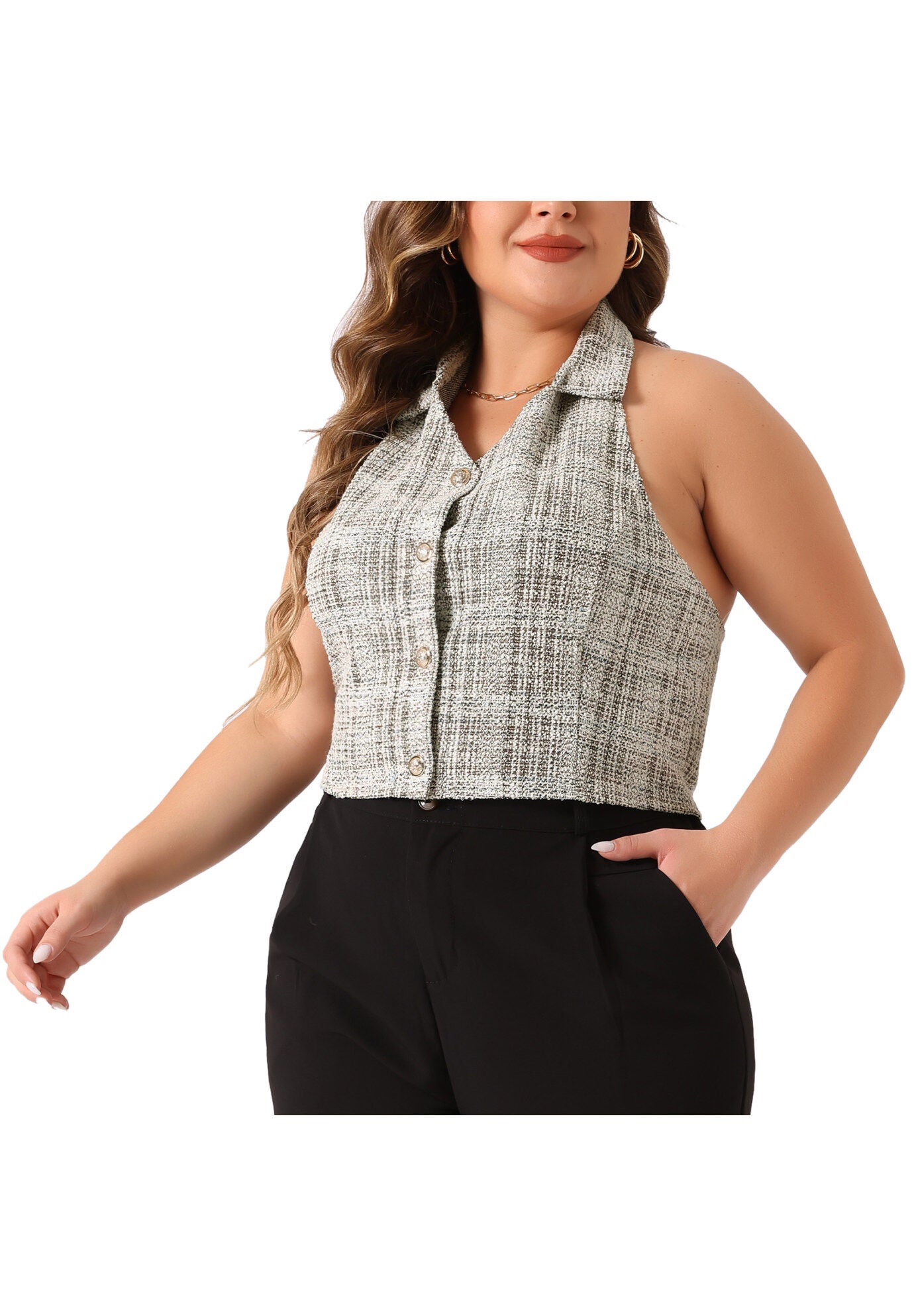 VINTAGE TWEED HALTER NECK SINGLE BREASTED VEST, White / White, alternate image number 1