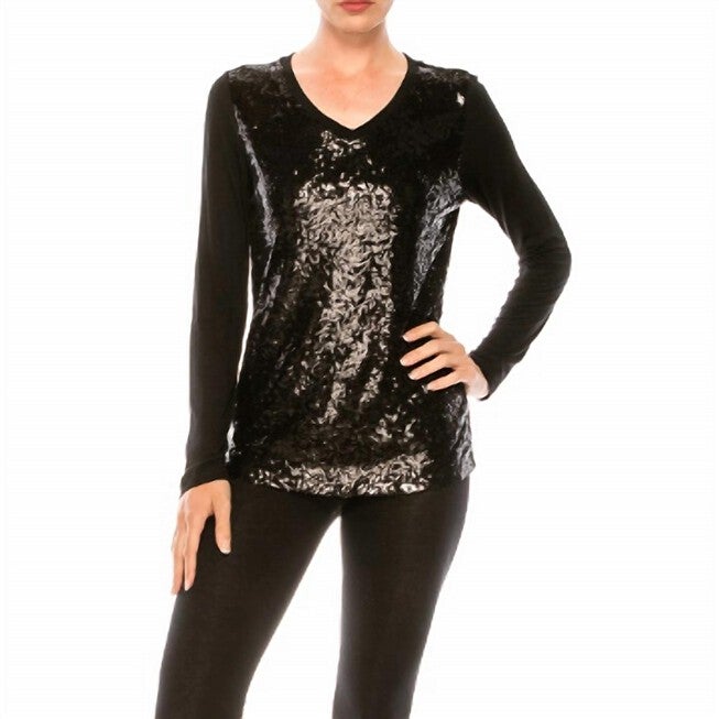 WOMEN'S LONG SLEEVE SEQUIN T-SHIRT TOP IN BLACK, Black / Black, hi-res image number null