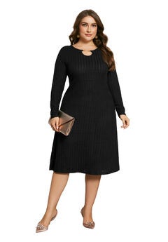 Ribbed Knit Long Sleeves Keyhole Crew Neck Pullover A Line Midi Dress