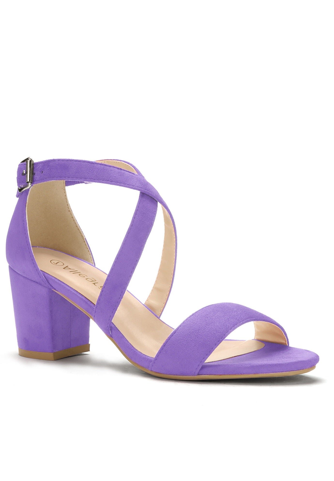 Open Toe Cross Strap Mid Block Heel Sandals, Purple / Purple, hi-res image number 0