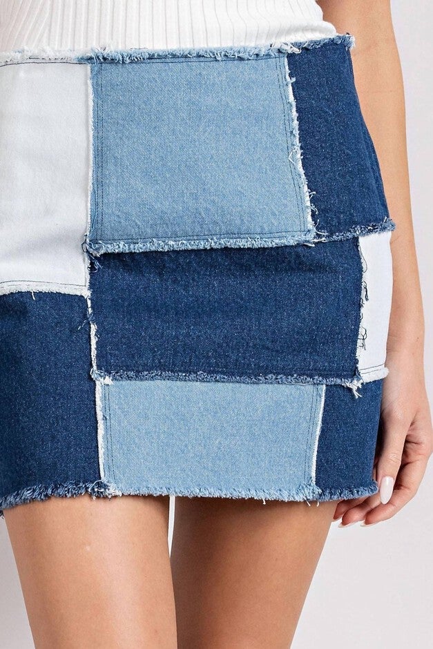 RETRO PATCHWORK COLOR BLOCK MINI SKIRT IN MINERAL WASHED DENIM, Mineral Washed Denim / Light Wash, alternate image number null