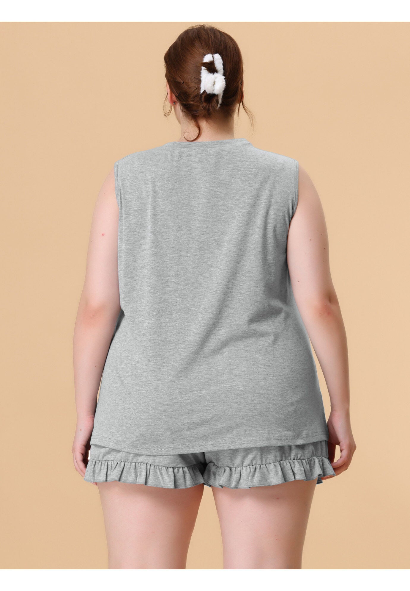 RUFFLE KNIT SLEEVELESS TANK TOP 2 PIECE PAJAMAS SET LOUNGEWEAR, Gray / Light Grey, alternate image number 2