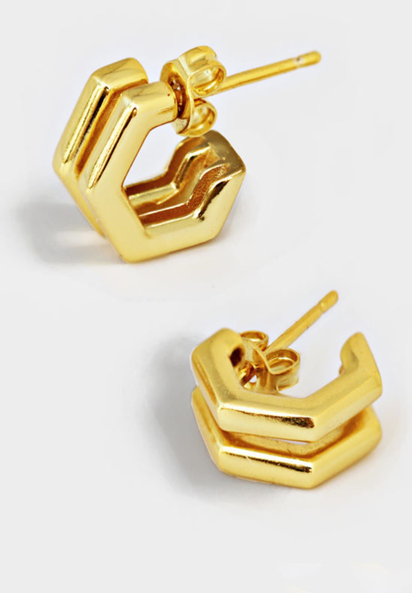 FUTURISTIC Double Hexagon Chubby Huggies | 18K Gold Over Sterling Silver, Gold / Gold, alternate image number 4