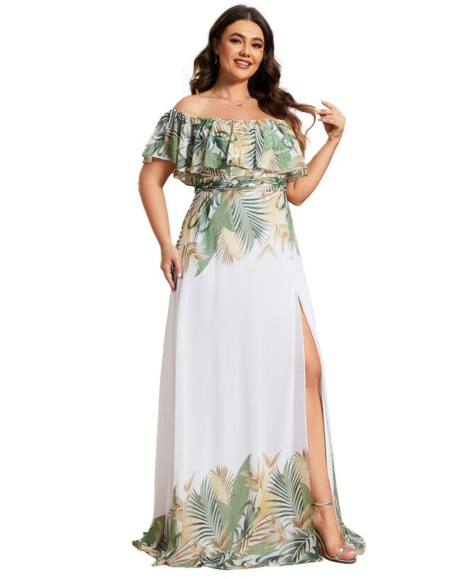 Summer Printed Chiffon Off the Shoulder A-Line Evening Dress, White Green / Sage Green, alternate image number 4