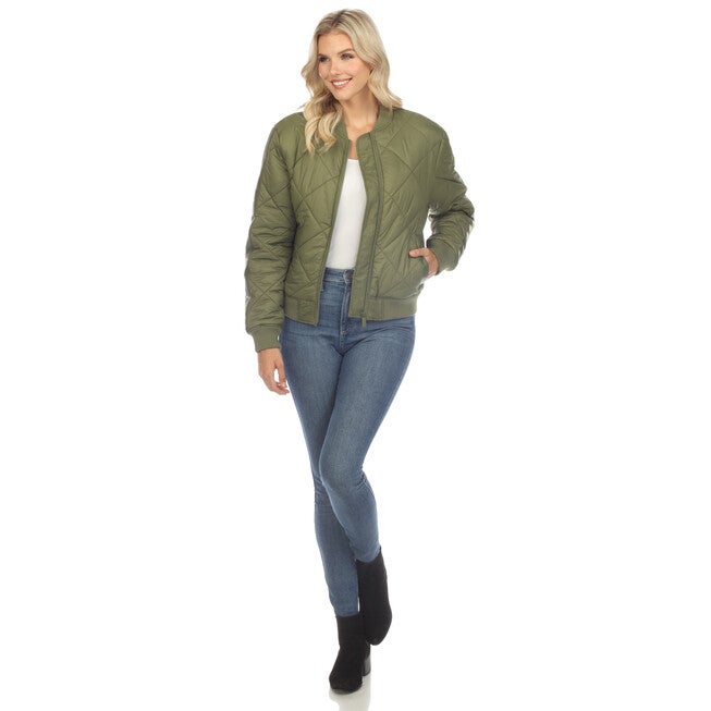 Women's Lightweight Diamond Quilted Puffer Bomber Jacket, Olive / Olive Green, alternate image number null