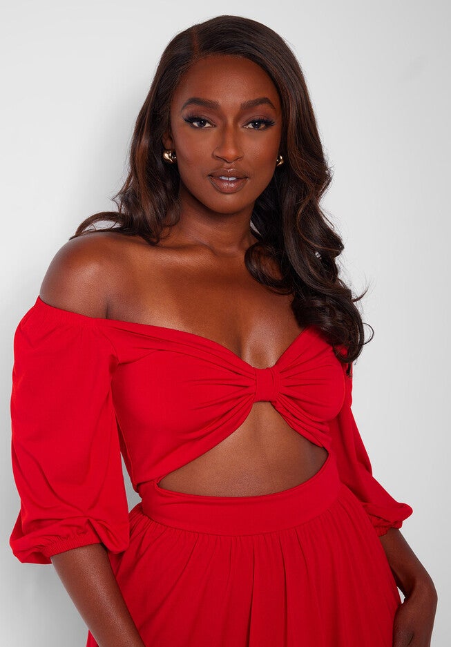 Londyn Off Shoulder Cut Out Maxi A Line Dress, Red / Red, alternate image number 2