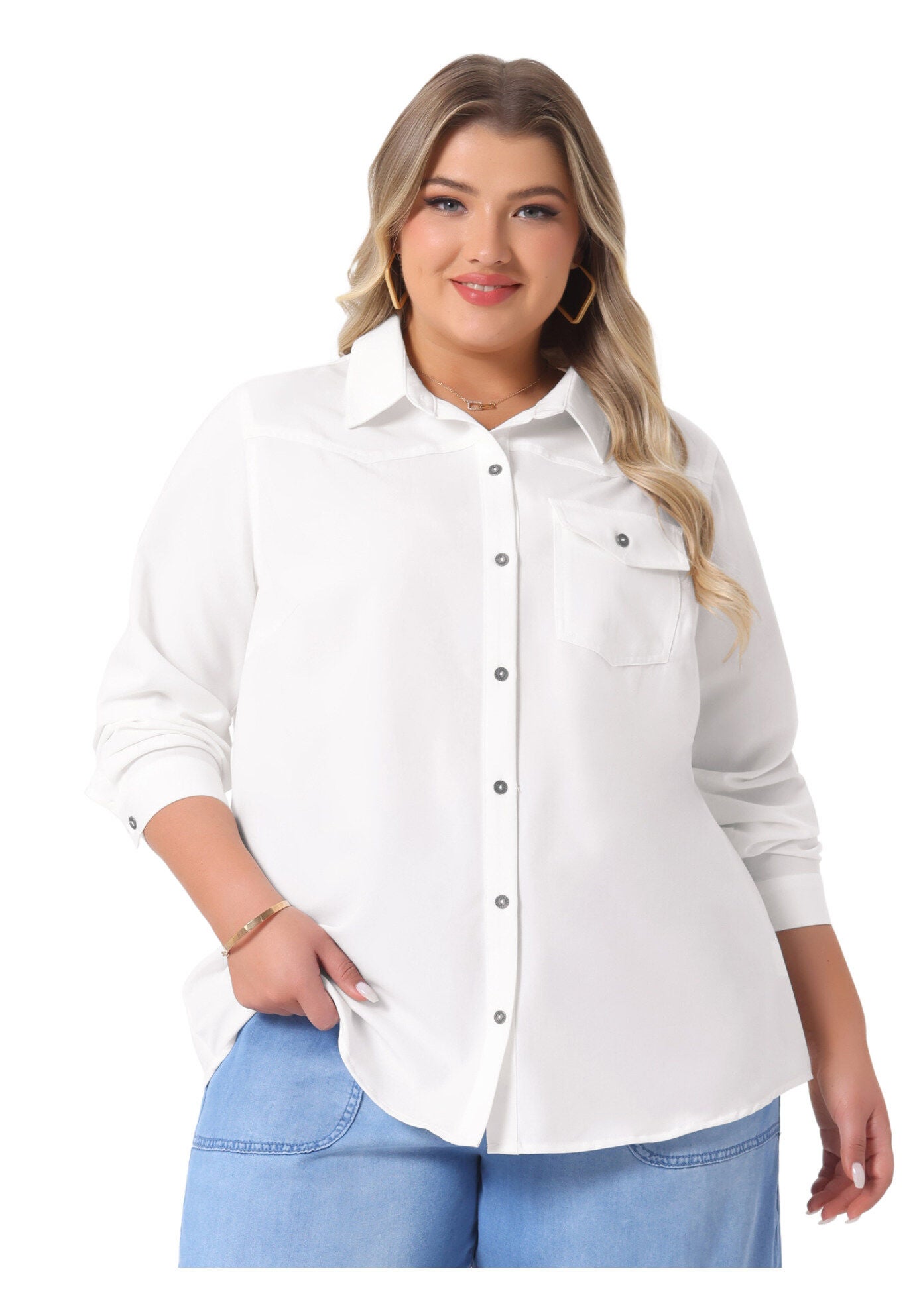LONG SLEEVE CHEST POCKET DENIM CHAMBRAY SHIRT, White / White, alternate image number 2