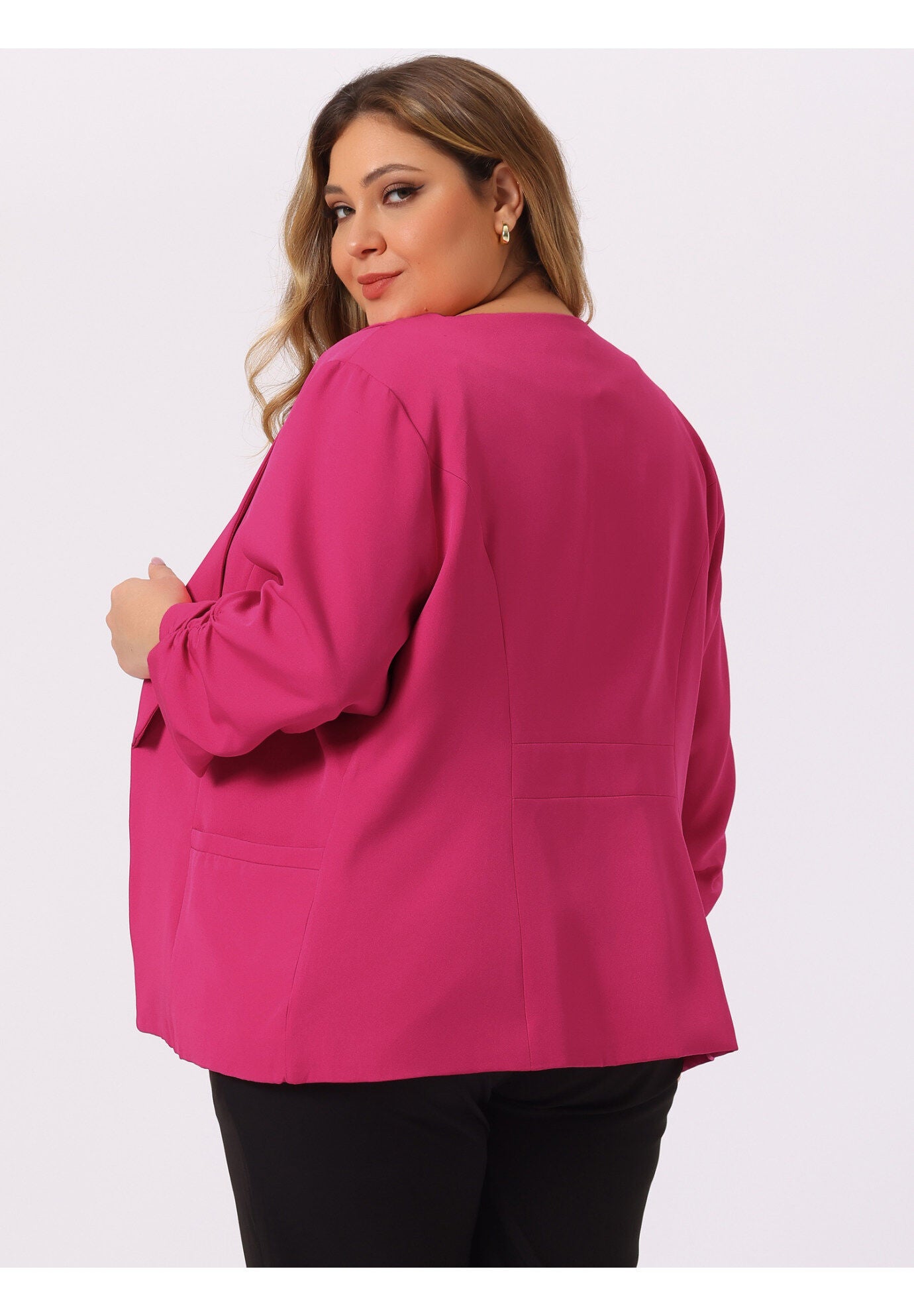 OPEN FRONT 3/4 RUCHED SLEEVE LIGHTWEIGHT BLAZER, Hot Pink / Deep Fuchsia, alternate image number 3