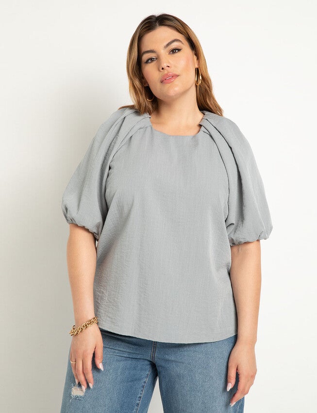 Puff Sleeve Textured Rayon Top, Slate Blue / Cobalt, hi-res image number null