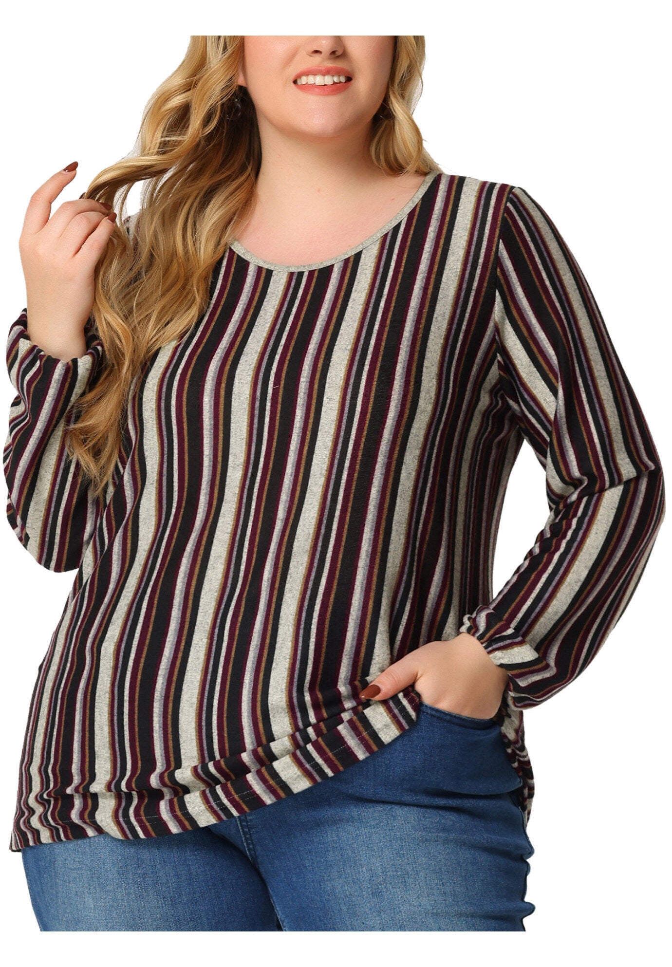 Boho Color Block Elastic Cuff Long Sleeve Striped Top, Multicolor B / Brown, alternate image number 4