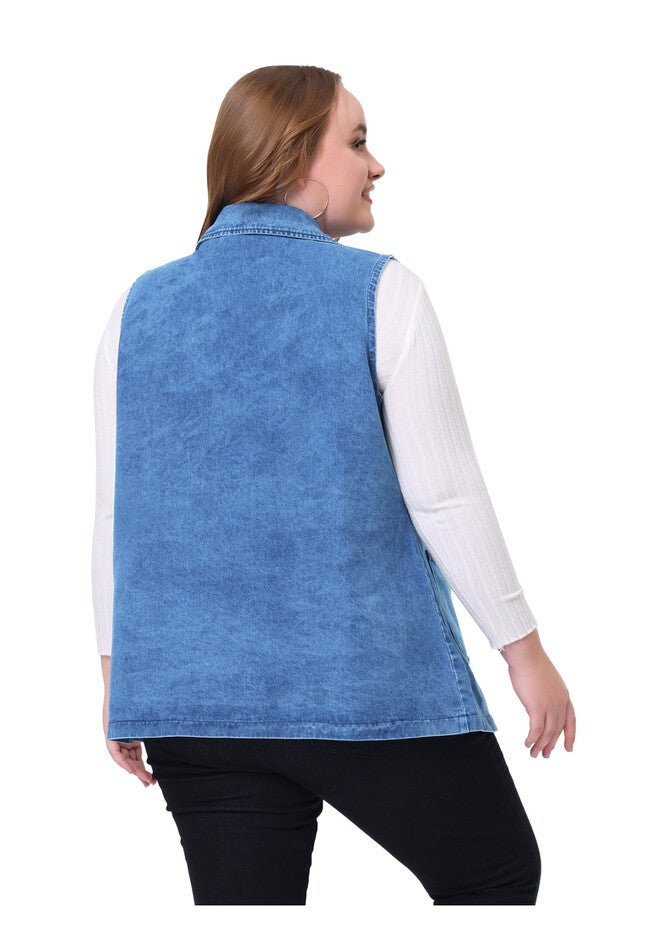 SLEEVELESS LAPEL LONG JEAN DENIM TUNIC VEST, Medium Blue / Royal Blue, alternate image number 4