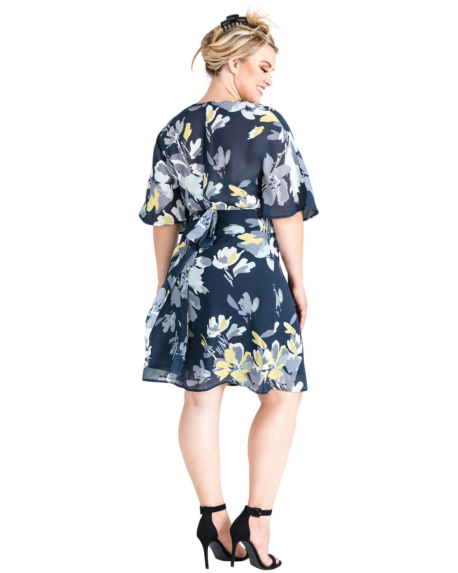 Plus Size Candice V-Neck Kimono Wrap Midi Dress, NAVYPETALS / Navy, alternate image number 1