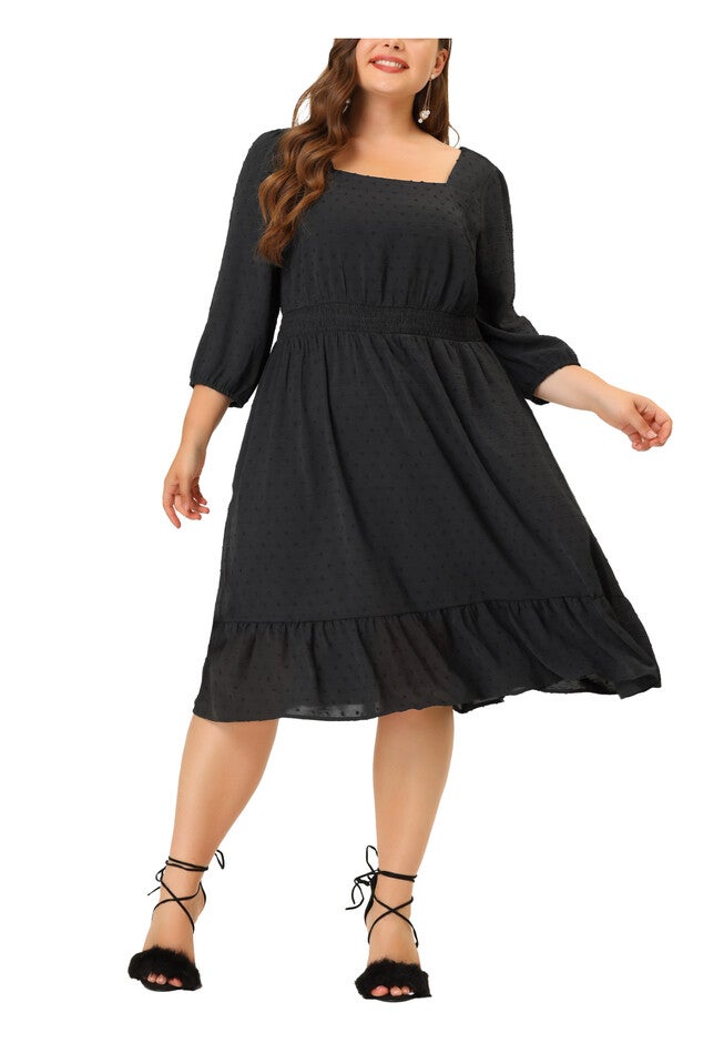 Swiss Dots Bohemian Square Neck Midi Chiffon Dress, Black / Black, alternate image number 2