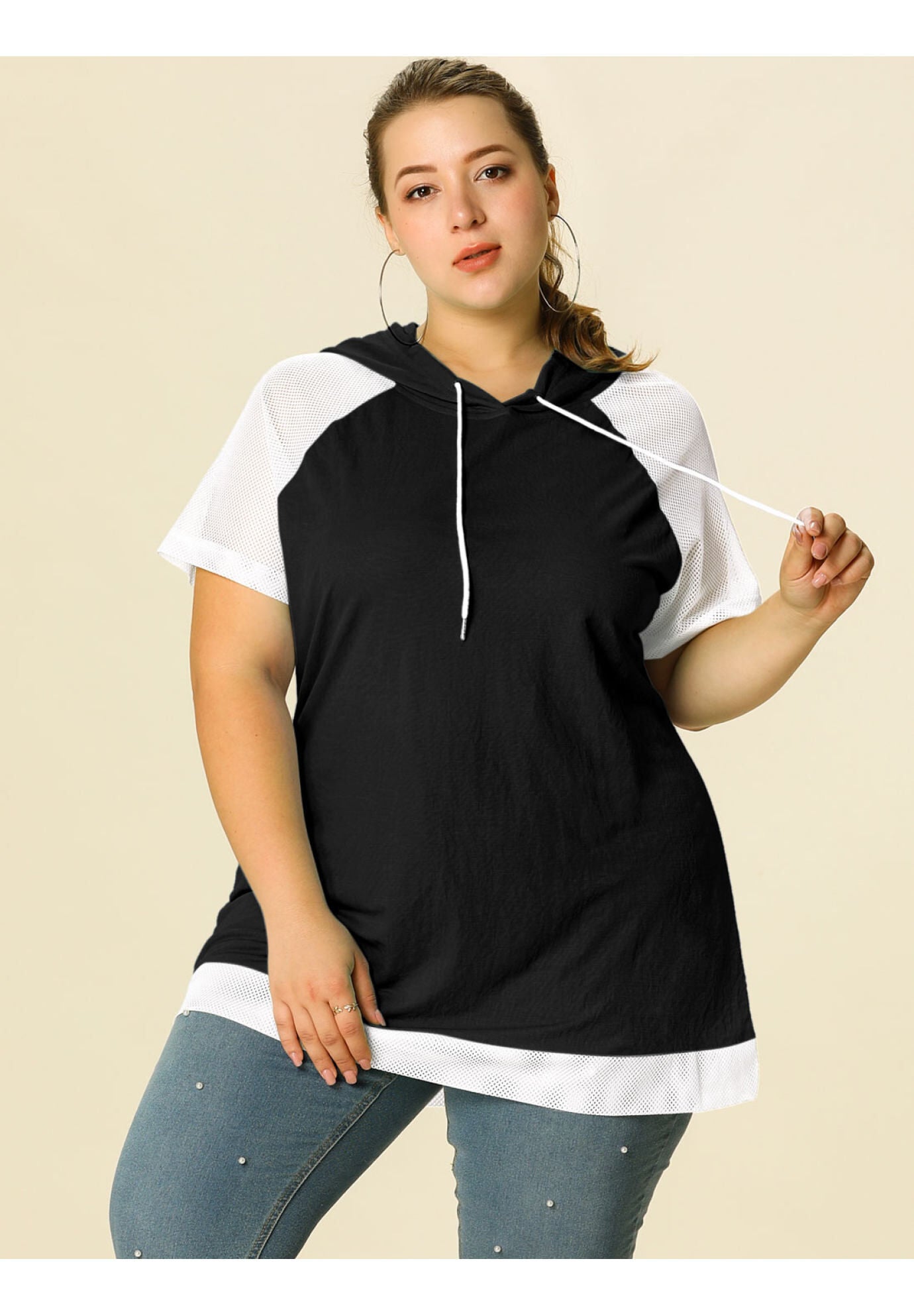 SHORT SLEEVES DRAWSTRING LOOSE RAGLAN HOODIE TOP, Black / Black, alternate image number 1