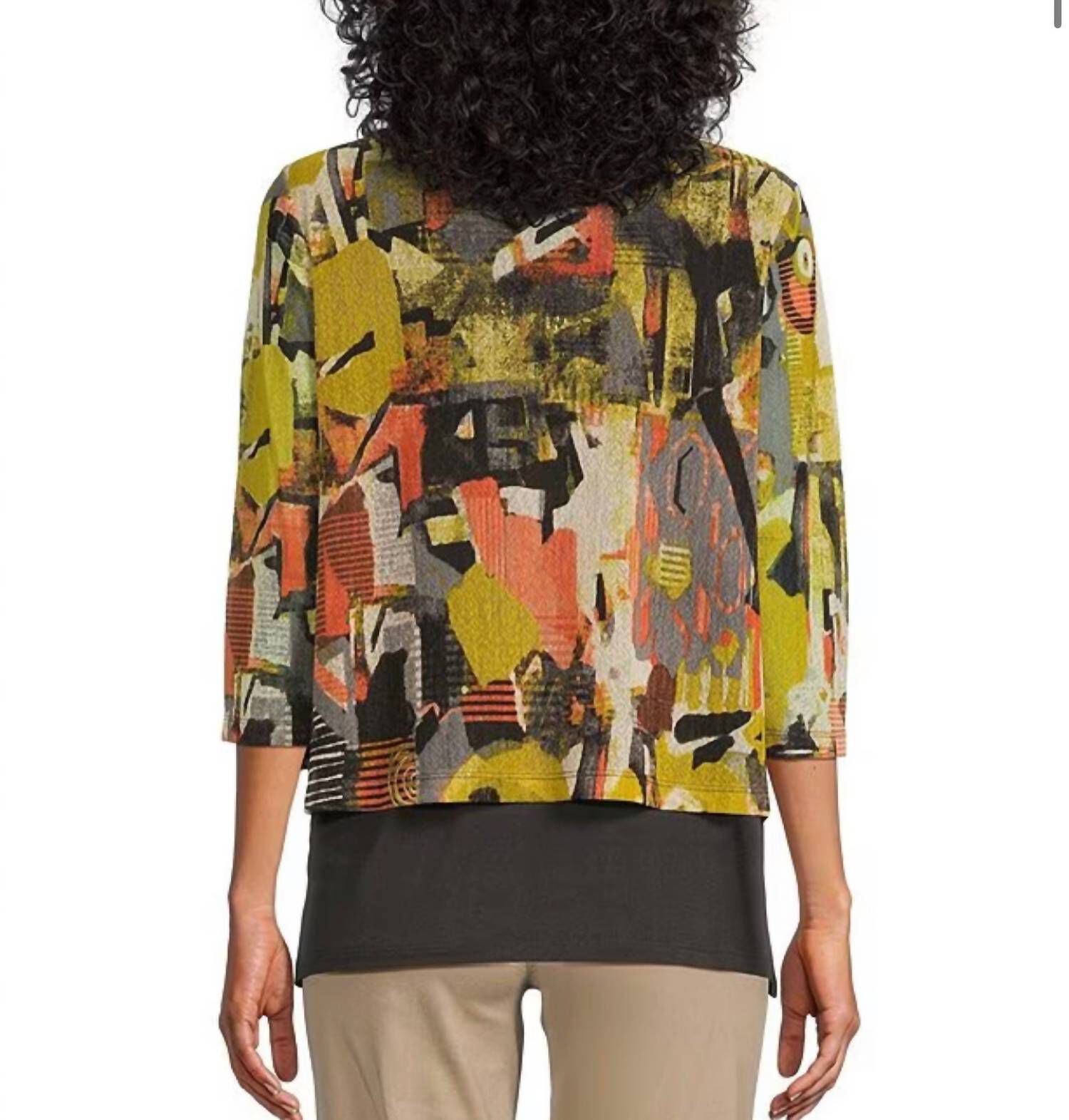 3/4 SLEEVE SCOOP NECK LAYERED HI-LO PRINT SOLID KNIT TOP IN MULTI, , alternate image number 4