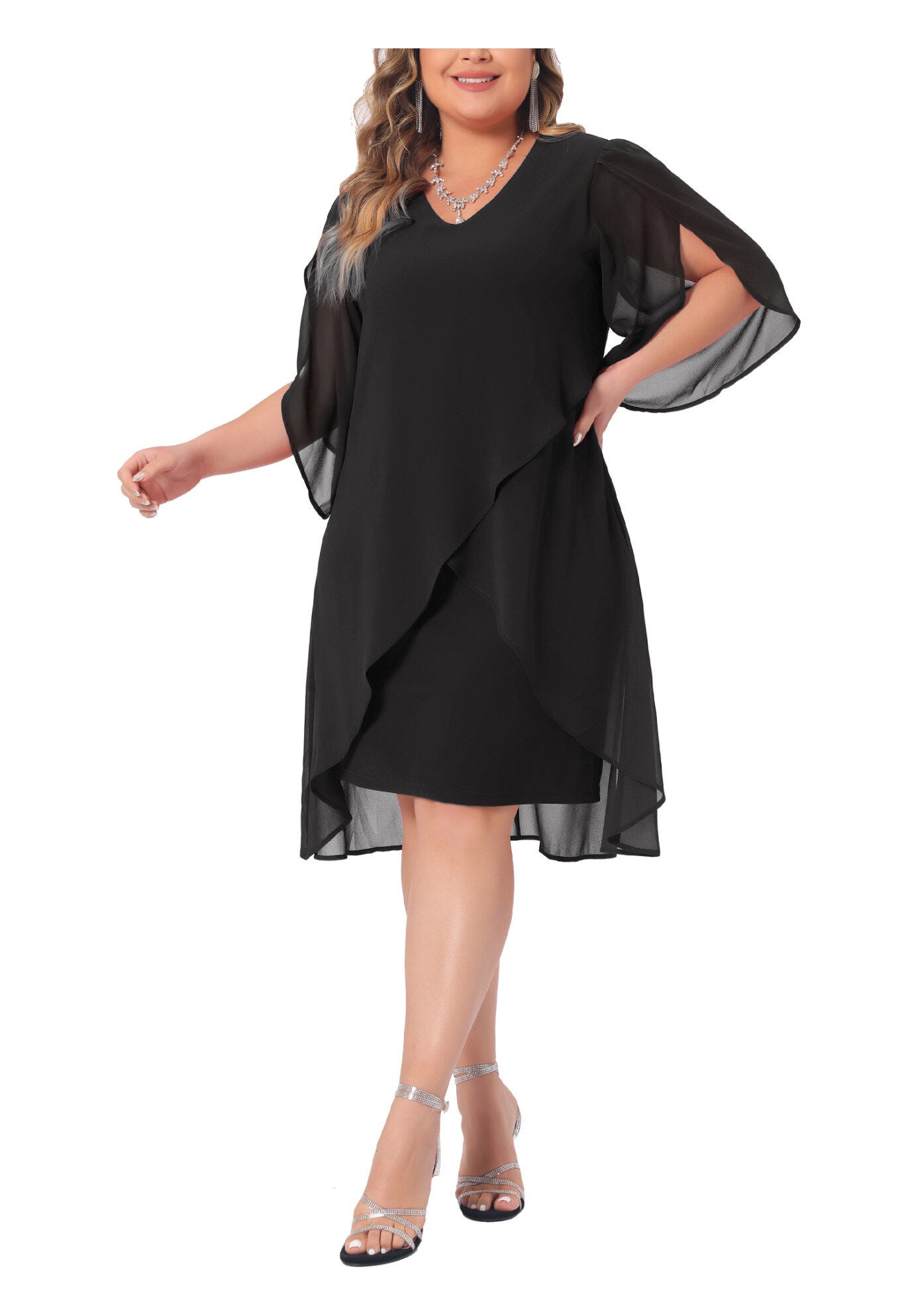 Mesh Wedding Guest Party Chiffon Cocktail Overlay Short Dress, Black / Black, alternate image number 4
