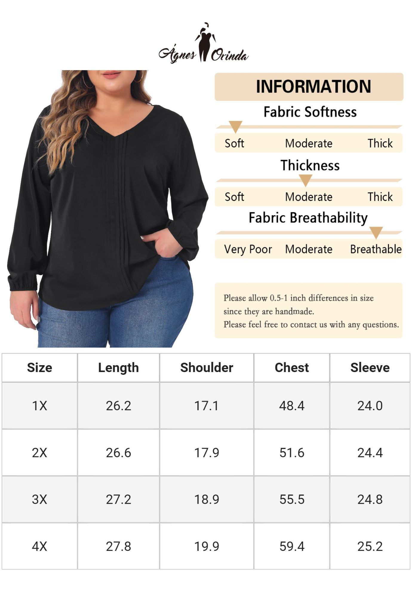 Long Sleeve Flowy Shirt Pleated V Neck Blouse, Black / Black, alternate image number 4