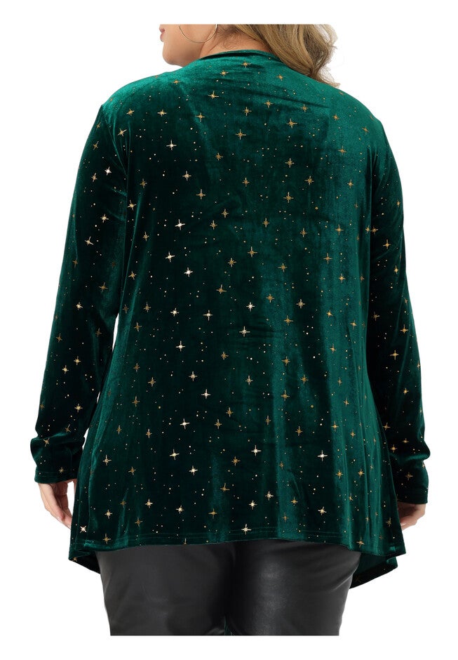 OPEN FRONT DRAPED SHINY VELVET CARDIGAN, Green / Forest Green, alternate image number 3